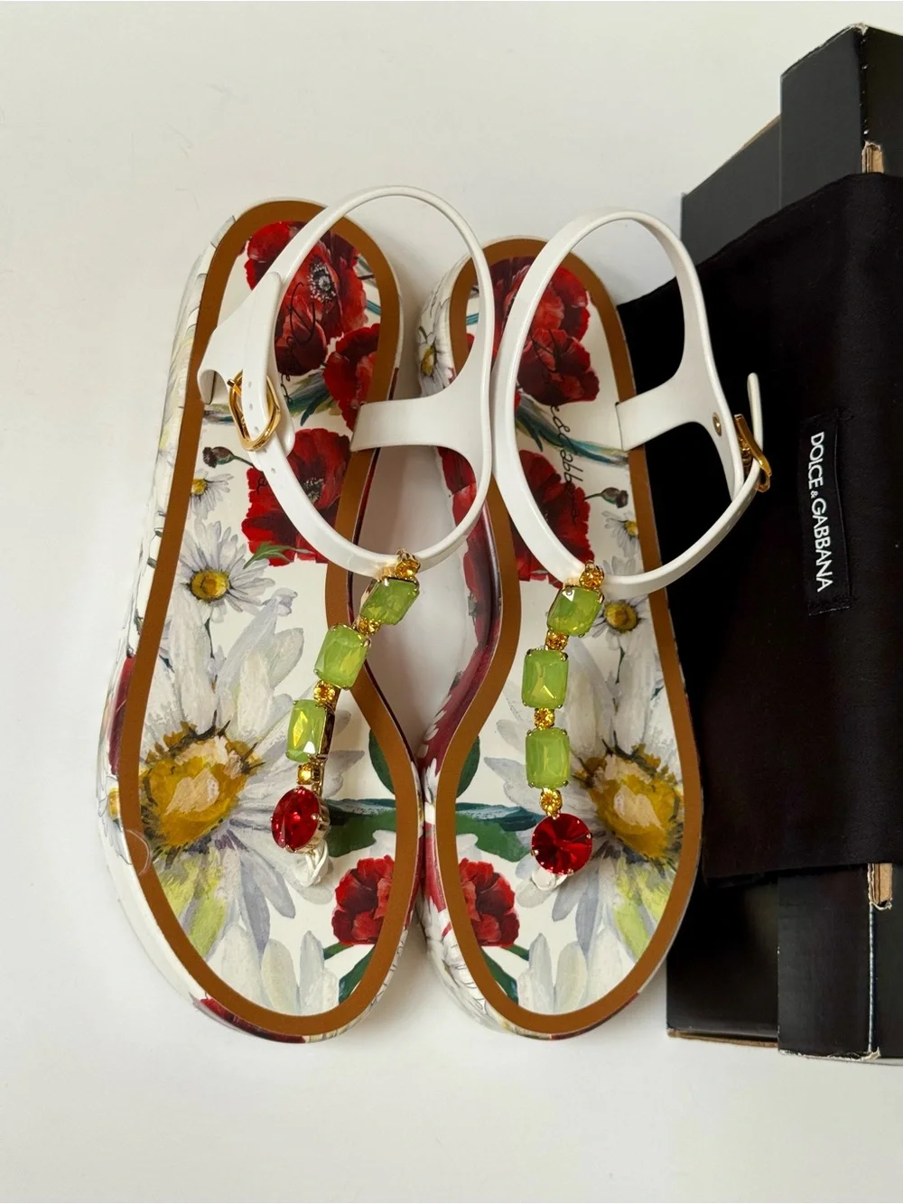 Dolce & Gabbana Poppy/Daisy T-Strap Platform Sandals w/Swarovski Crystals Size 9